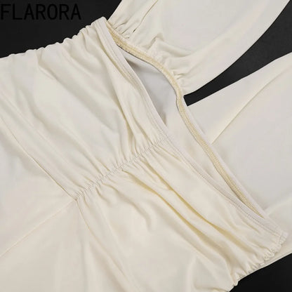 FLARORA Sexy Halter Backless Jumpsuits Woman Deep V-neck Sleeveless Ruched Waist With Draped Tie Skinny Jumpsuit Party Clubwear