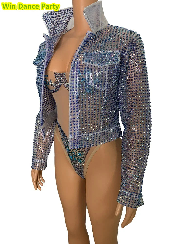Mesh Fluorescent Full Diamond Slim Fit Hip Wrapped Jumpsuit Jacket Singer Model Nightclub Bar Performance Costume