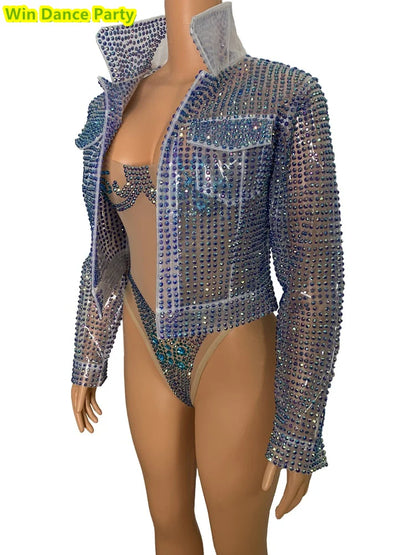 Mesh Fluorescent Full Diamond Slim Fit Hip Wrapped Jumpsuit Jacket Singer Model Nightclub Bar Performance Costume