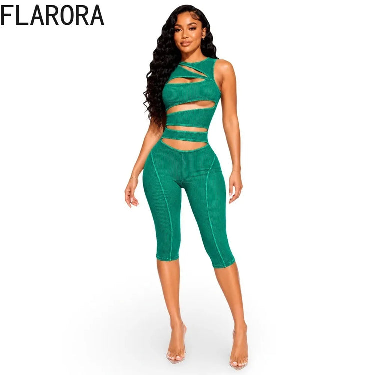 FLARORA Fashion Ribber Knitted Capri Jumpsuits Woman Sexy Hollow Out O-neck Sleeveless Zipper Skinny Playsuits Hottie Streetwear