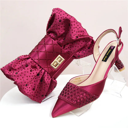 Nigerian Women Heel Party Ladies Italian Design Shoes And Bags Set Decorated with Rhinestone Handbag Wedding Party