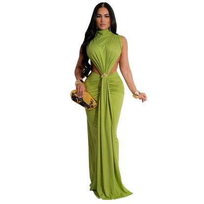 CM.YAYA Women O-neck High Split Ruched Stacked Bodycon Midi Maxi Dress 2024 Evening Party Club Vestidos Sexy Chic Long Dresses