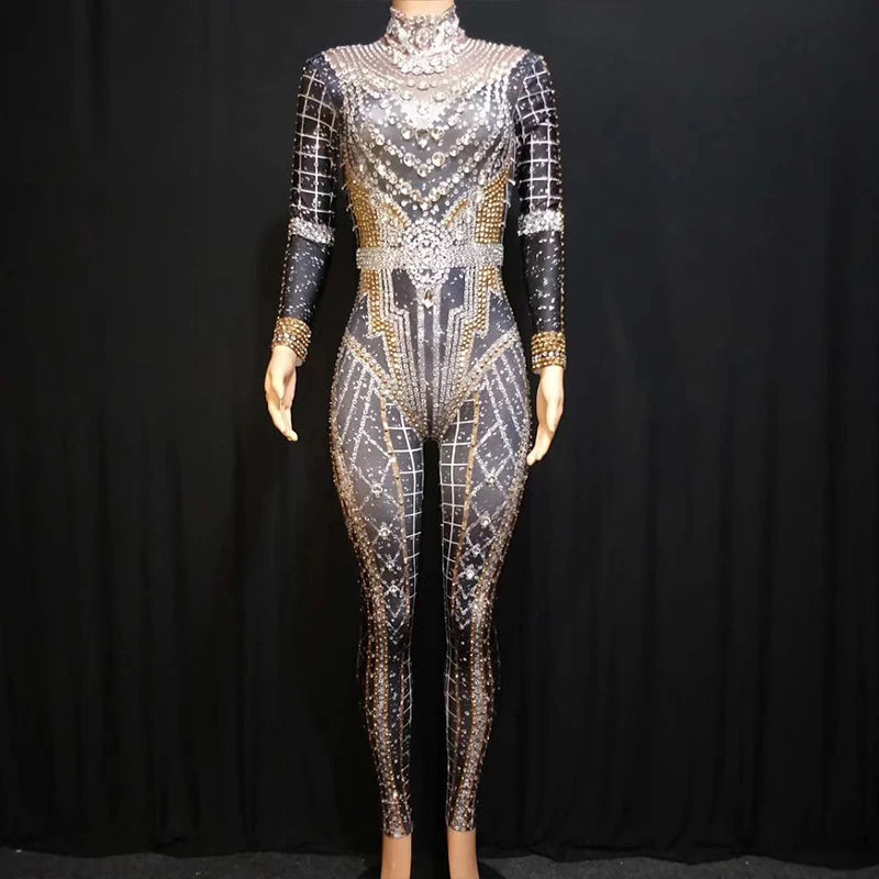 fashion Rhinestones Jumpsuit Crystal Pearl sexy Women Jumpsuits spandex party Nightclub birthday Pole Dance Singer Stage Costume
