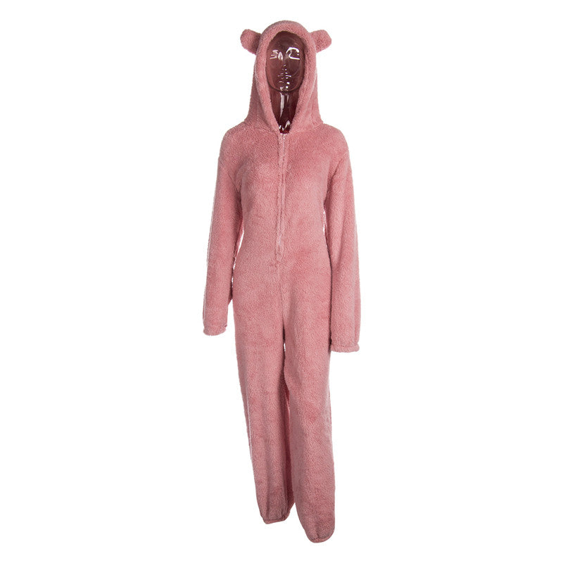 Women Winter Warm Plush Romper Pajamas Solid Color Long-Sleeve Zipper High Neck Hooded Homewear S/M/L/XL/2XL