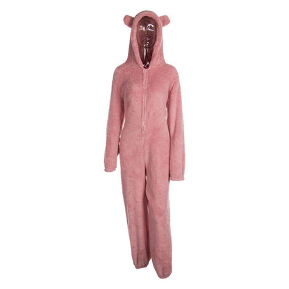 Women Winter Warm Plush Romper Pajamas Solid Color Long-Sleeve Zipper High Neck Hooded Homewear S/M/L/XL/2XL