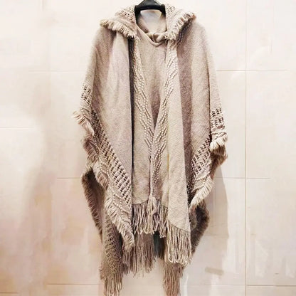 Wedding Party Cloak Hooded Knitted Shawl Bohemian Winter Warm Ladies Tassel Cape Oblique Stripe Wraps Scarf Coat