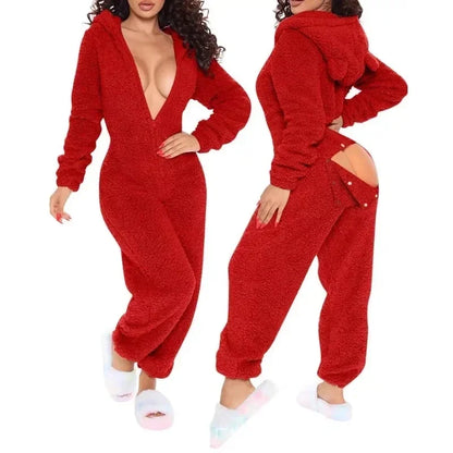 2025 Women's Winter Warm Onesies Fleece Romper Pajamas Solid Open Gear Long-Sleeve Zipper V Neck Hooded Sleepwear Sexy Homewear