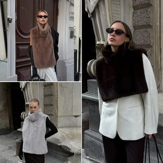 Eco Mink Fur Turtleneck Tank Tops Fluffy Layering Piece Faux Fur Vest High Collar Thicken Sleeveless Jacket Women's Apparel