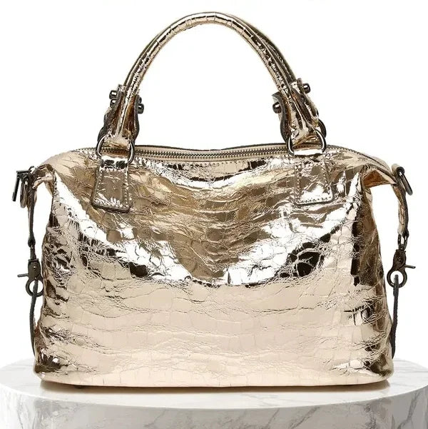 Real Leather Shiny Tote Handbags For Women Fashion Genuine Cowhide Leather Metallic Lady Bags With Shiny Embossed Coating