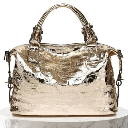 Real Leather Shiny Tote Handbags For Women Fashion Genuine Cowhide Leather Metallic Lady Bags With Shiny Embossed Coating