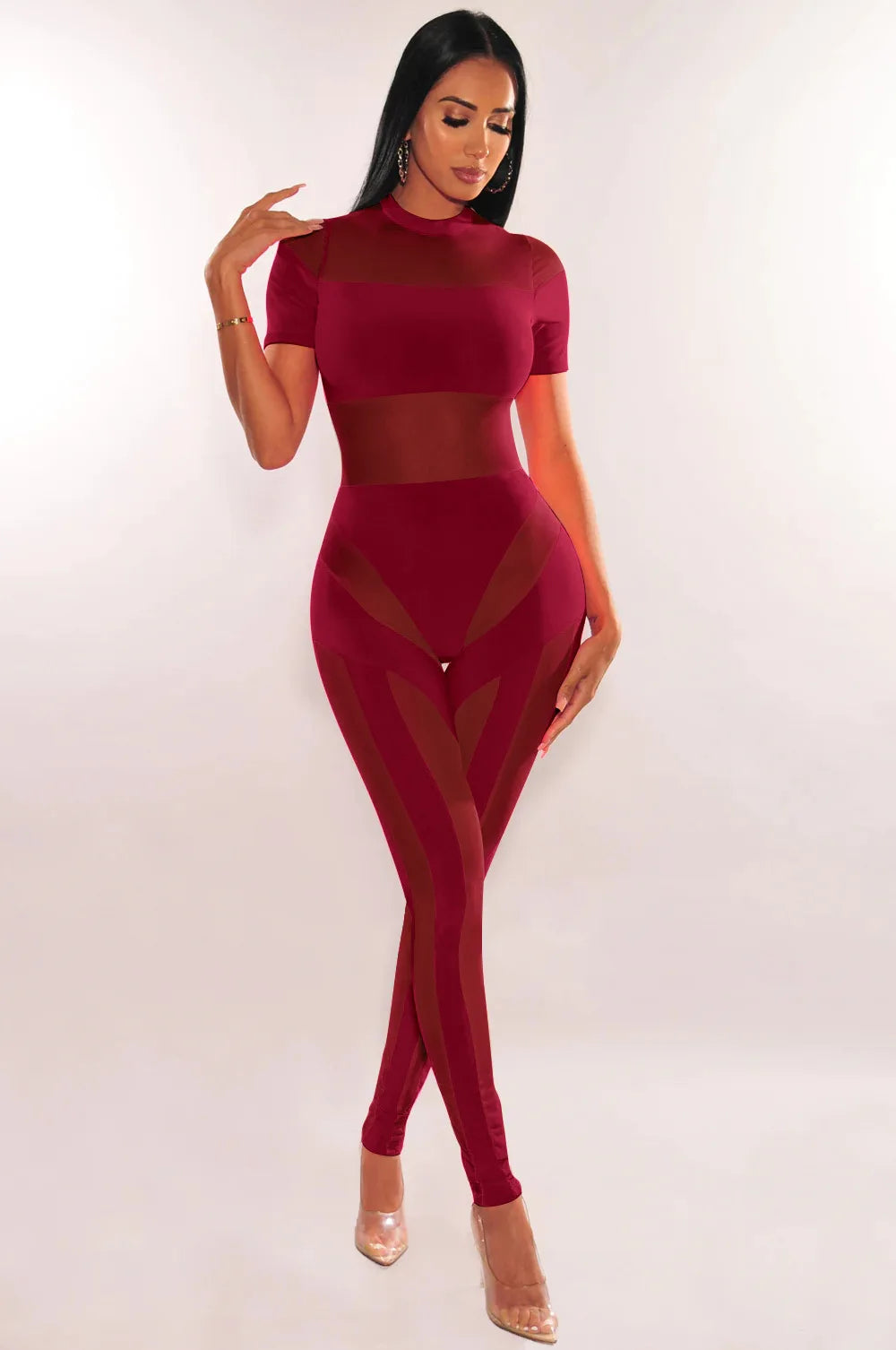 Women Sexy Jumpsuits Short Sleeve Sheer Mesh Slim Bodycon Jumpsuit One Piece Summer Rompers Y2K Street Night Club Party Outfits
