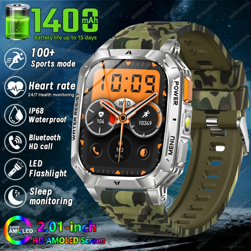 New 1400 mAh Battery Military Smartwatch Men IP68 Waterproof Flashlight Health Monitor Sports Call Smart Watch For iOS Android