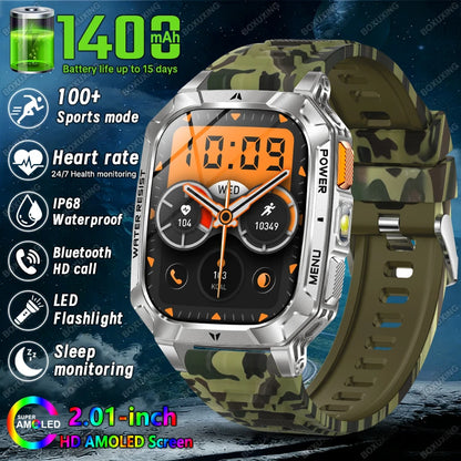New 1400 mAh Battery Military Smartwatch Men IP68 Waterproof Flashlight Health Monitor Sports Call Smart Watch For iOS Android