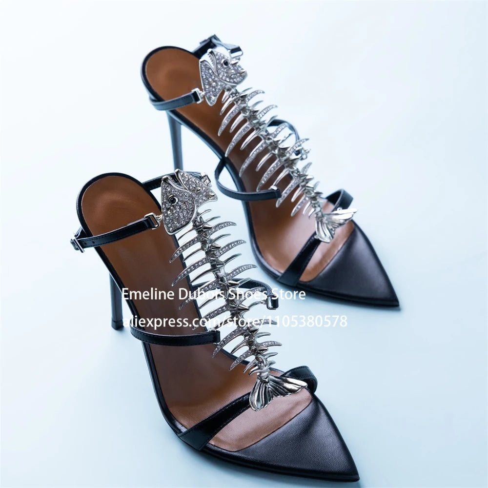 Fish Bone Sandals Rhinestone Slingback High Heels Pointed Toe Stiletto Pumps for Party Evening Sexy Women Summer Shoes Plus Size