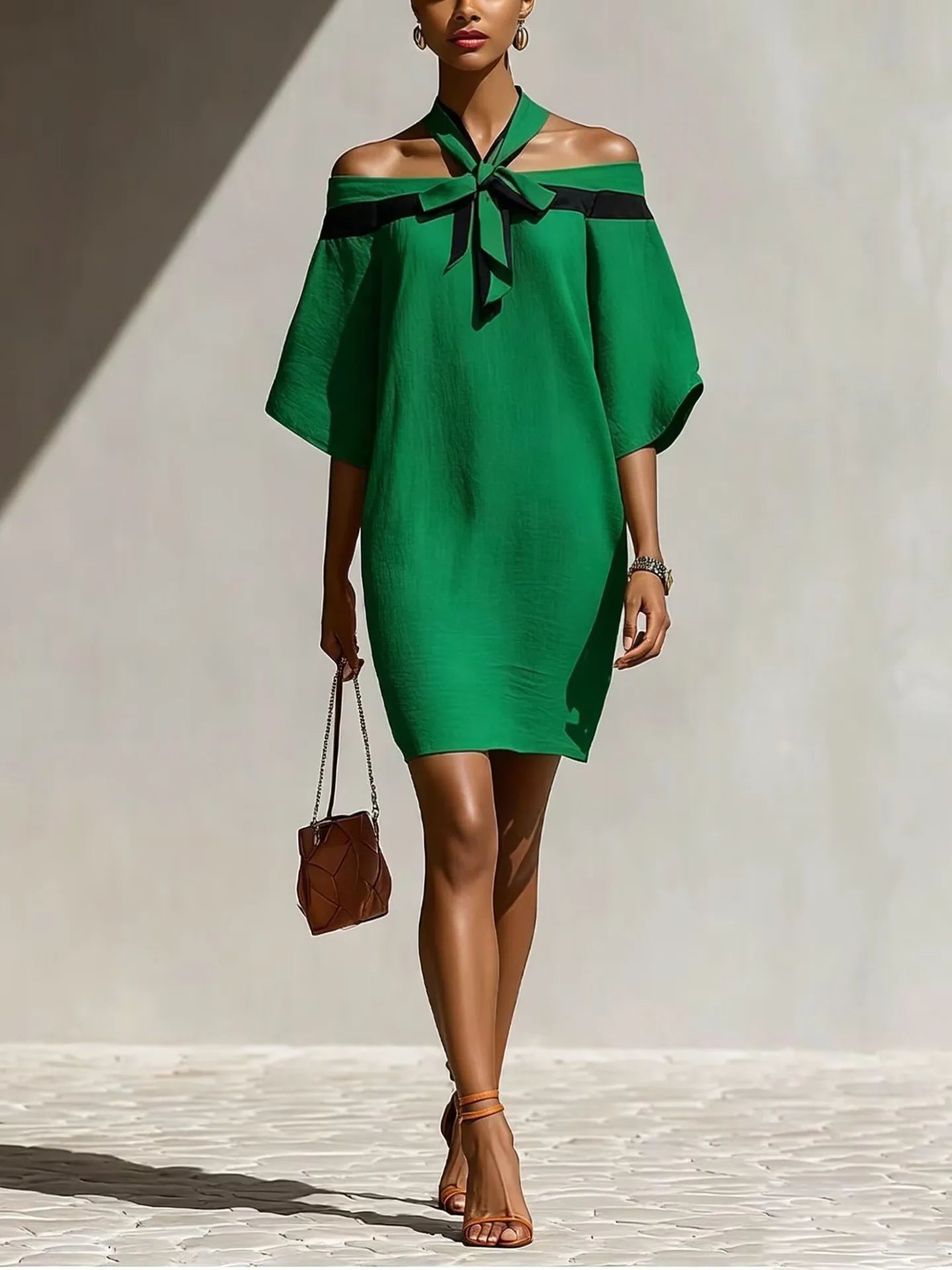 Elegant Temperament Women's Color Blocked Off Shoulder One Shoulder Summer Bow Collar Decorated With Bat Sleeves Mini Dress New
