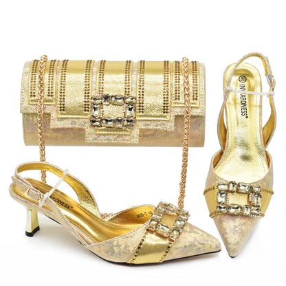 Doershow New Arrival African Wedding Shoes and Bag Set GOLD Color Italian Shoes with Matching Bags Nigerian lady party  SJJ1-1