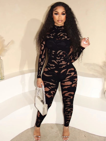 FAGADOER Sexy Lace See Through Patchwork Bodycon Jumpsuits for Woman Hollow-out Long Sleeves Rompers Female Streetwear Overalls