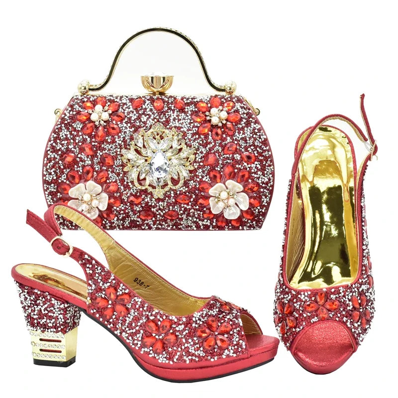 Fashion Italian Shoes with Bag Set Decorated with Rhinestone Women Wedding Shoes Set Nigerian Party Pumps High Heels Sexy Ladies