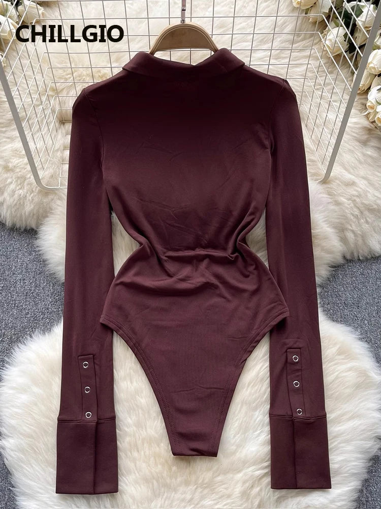 CHILLGIO Women Turn-down Collar Button Rompers Fashion Slim One Piece Combination Tights Autumn Long Sleeve Solid Tight Bodysuit