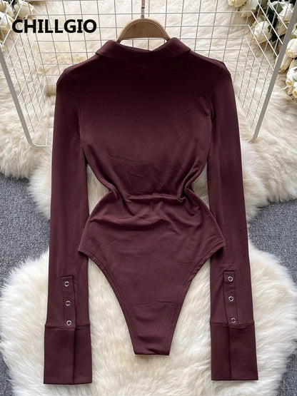 CHILLGIO Women Turn-down Collar Button Rompers Fashion Slim One Piece Combination Tights Autumn Long Sleeve Solid Tight Bodysuit