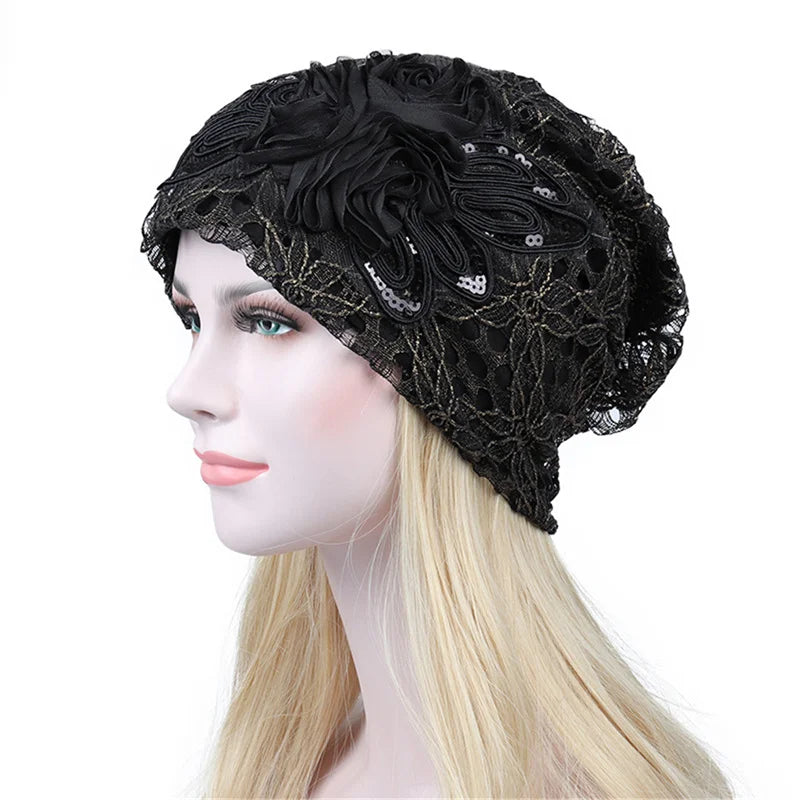 Elegant Women Sequins Lace Turban Cap Flowers Muslim Headwear Hat Female Head Wraps Ladies Headscarf Bonnet Turbante Mejur