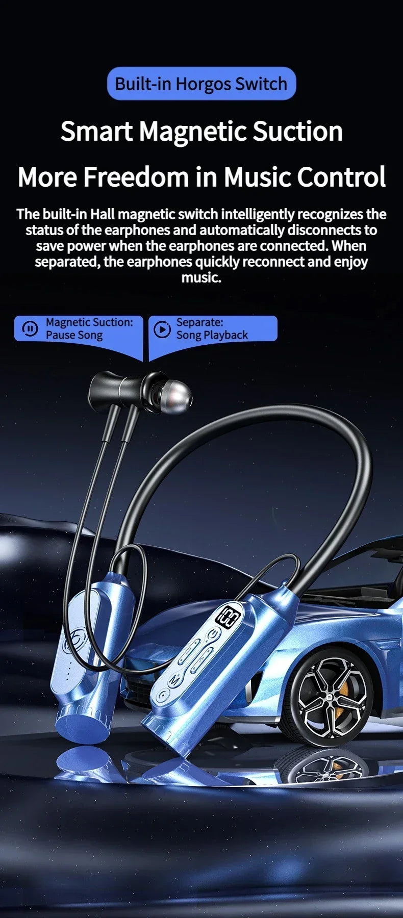 Earphones 12000mAh In-ear/Semi-in-ear Bluetooth Headset Magnetic Switch Pause Play Neck Hanging Dual Device Connection Earbuds