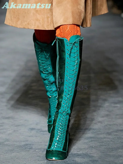 Emerald Green Patent Glitter Knee High Boots Retro Round Toe Lace Up Square Heel Modern Boots 2026 Runway Fashion Women Shoes