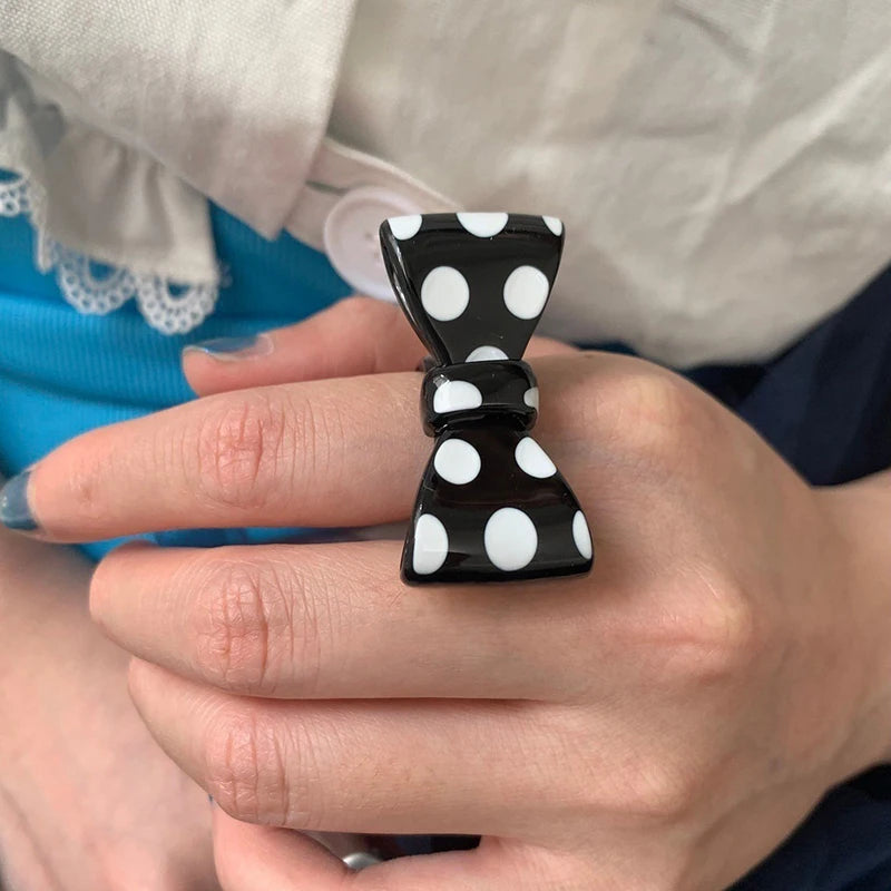 Punk Polka Dot Resin Ring for Women Exaggerated Big Bow Open Ring Y2K Sweet Cute Harajuku Style Daily Party Jewelry Accessories