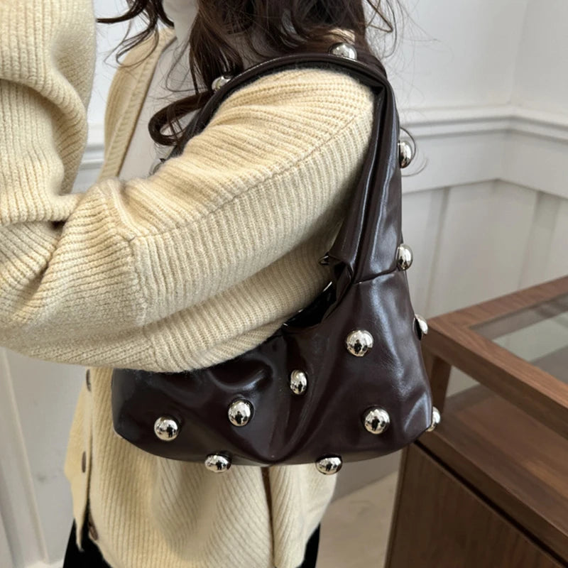 Personalized PU Rivet Fashion Shoulder Bags Solid Color Crossbody Bag High-end Women Handbag Luxury Brand Satchel Small Tote Bag