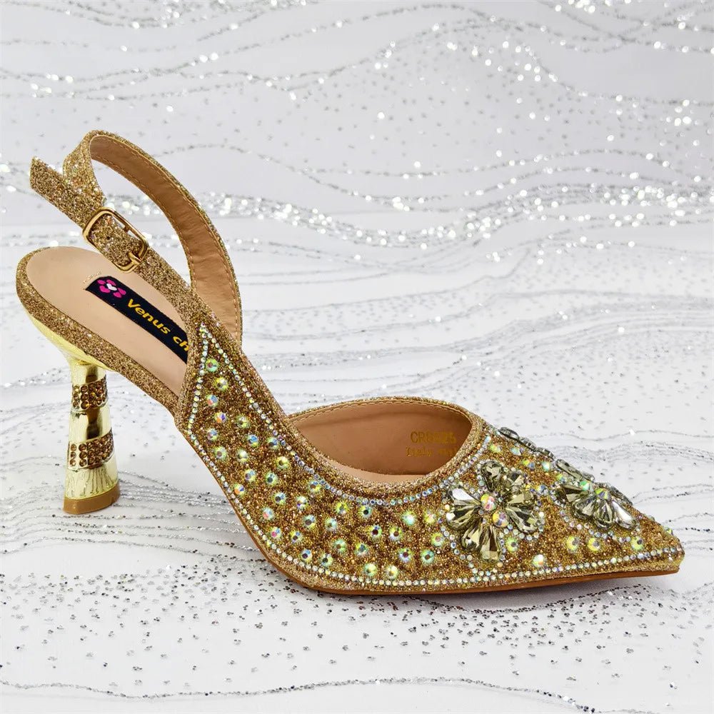 Luxury Handmade Flowers Shoes and Clutch for Women- Nigerian Style Elegant Crystal Heels with Matching Evening Bags