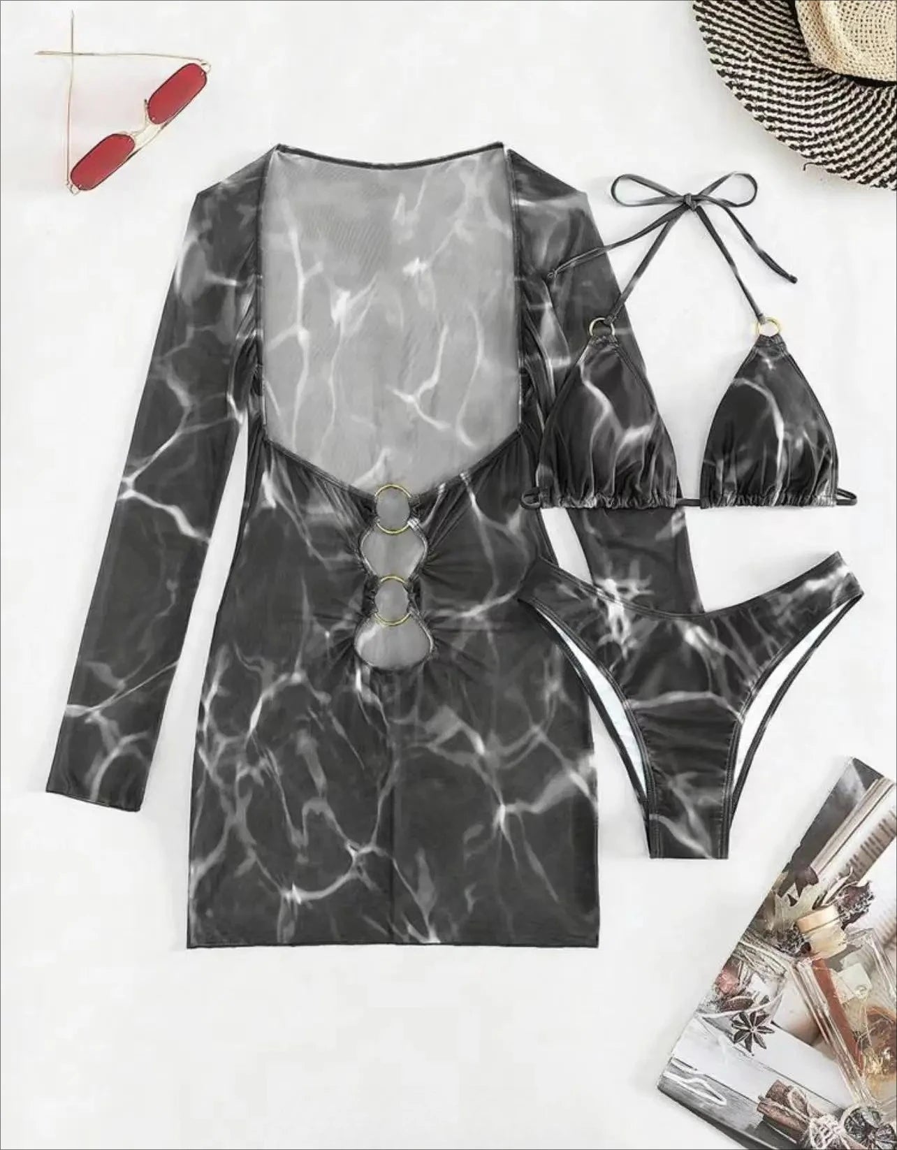3 Piece Bikini Set Women Swimsuit Halter Cutout Metal Ring Mesh Cover Up Beach Dress Swimwear Bathing Suit