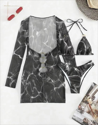3 Piece Bikini Set Women Swimsuit Halter Cutout Metal Ring Mesh Cover Up Beach Dress Swimwear Bathing Suit