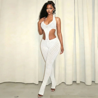 FLARORA Sexy Hollow See Through Jumpsuits Woman Trend Halter V Neck Sleeveless Backless Bandage Jumpsuit Hottie Street Overalls