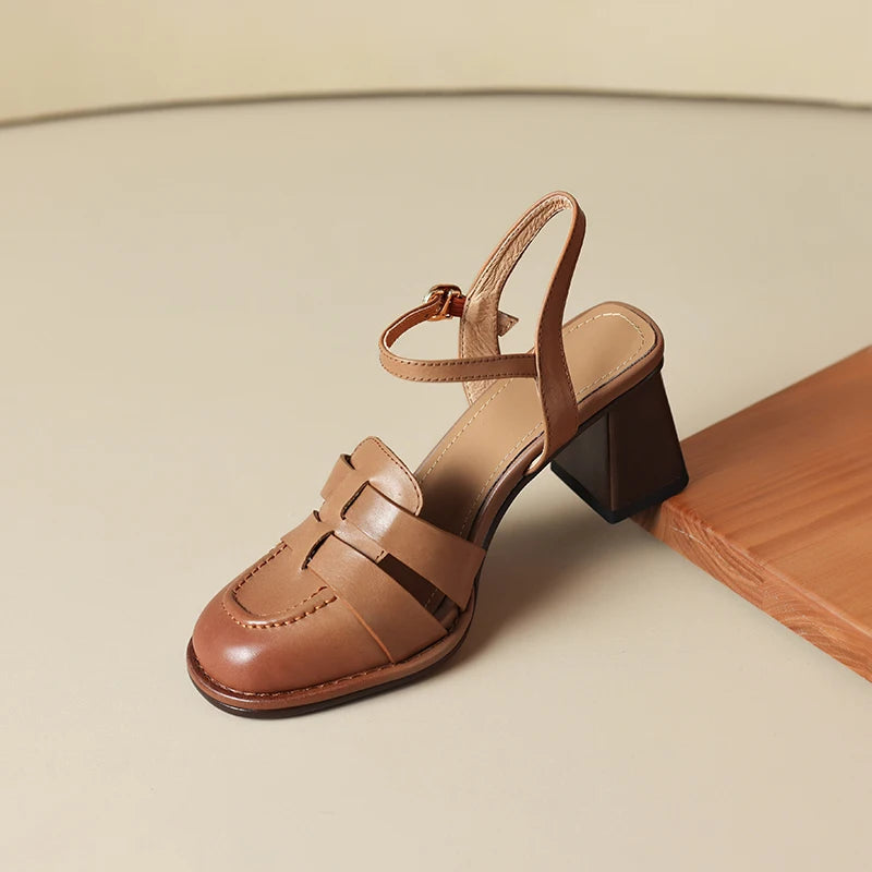 2026 New Size 34-43 Retro Genuine Leather Retro Sandals Woman Top Quality Ladies Buckle Summer Shoes Thick High Heels Sandals