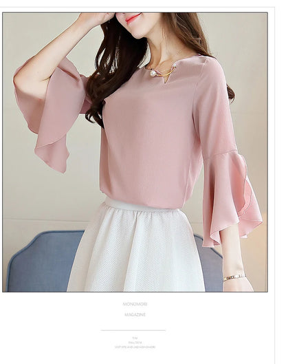 Seven-point Female Ruffled Sleeved Loose Shirt Chiffon Blouses