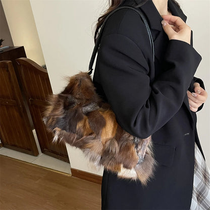 Winter Warm Fox Fur Shoulder Hobo Bags For Women Latest Luxury Designer Purses And Handbags Elegant Evening Bag For Dinner Party