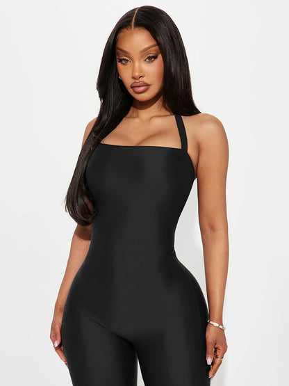 Weird Puss Hipster Backless Jumpsuit Women Halter Lace-Up Low Chest Sexy Solid Midnight Activity Stretch Slim Streetwear Overall