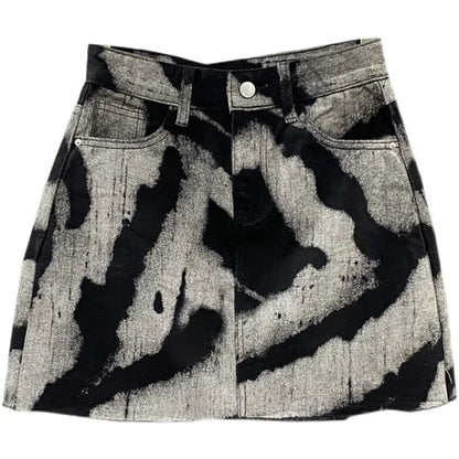 Korean Women's Denim Skirts 2026 New High Waist Slim Personalized Pattern Denim Skirt with Raw Edges A-line Half Skirt