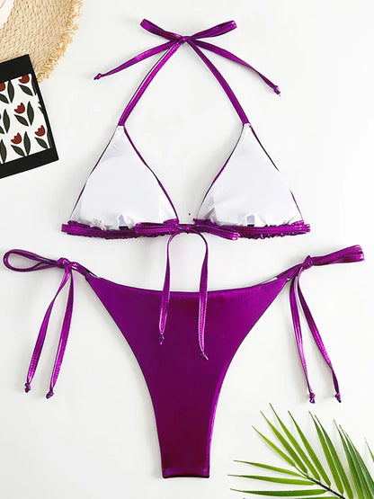 Sexy Metallic Halter Bikinis Sets Lace Up Triangle Tie Side Bikini 2026 Swimsuit Women Swimwear Brazilian Female Bathing Suits