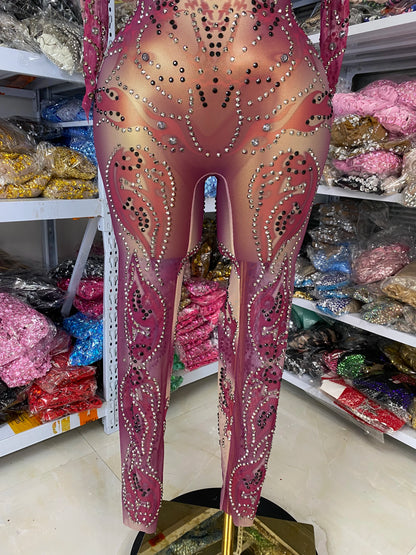 Sparkly Rhinestones Printed Mesh Bodycon Green Jumpsuits With Sleeves See Through Masquerade Costume Dress Night Club DJ Gogo