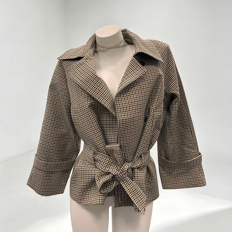 Plaid Cropped Trench Coat Lapel Collar Double Breasted Belted Waist Long Sleeve Women All-match Coats 2026 Autumn Commute Outfit