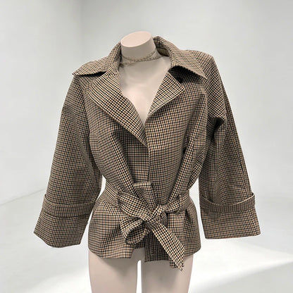 Plaid Cropped Trench Coat Lapel Collar Double Breasted Belted Waist Long Sleeve Women All-match Coats 2026 Autumn Commute Outfit