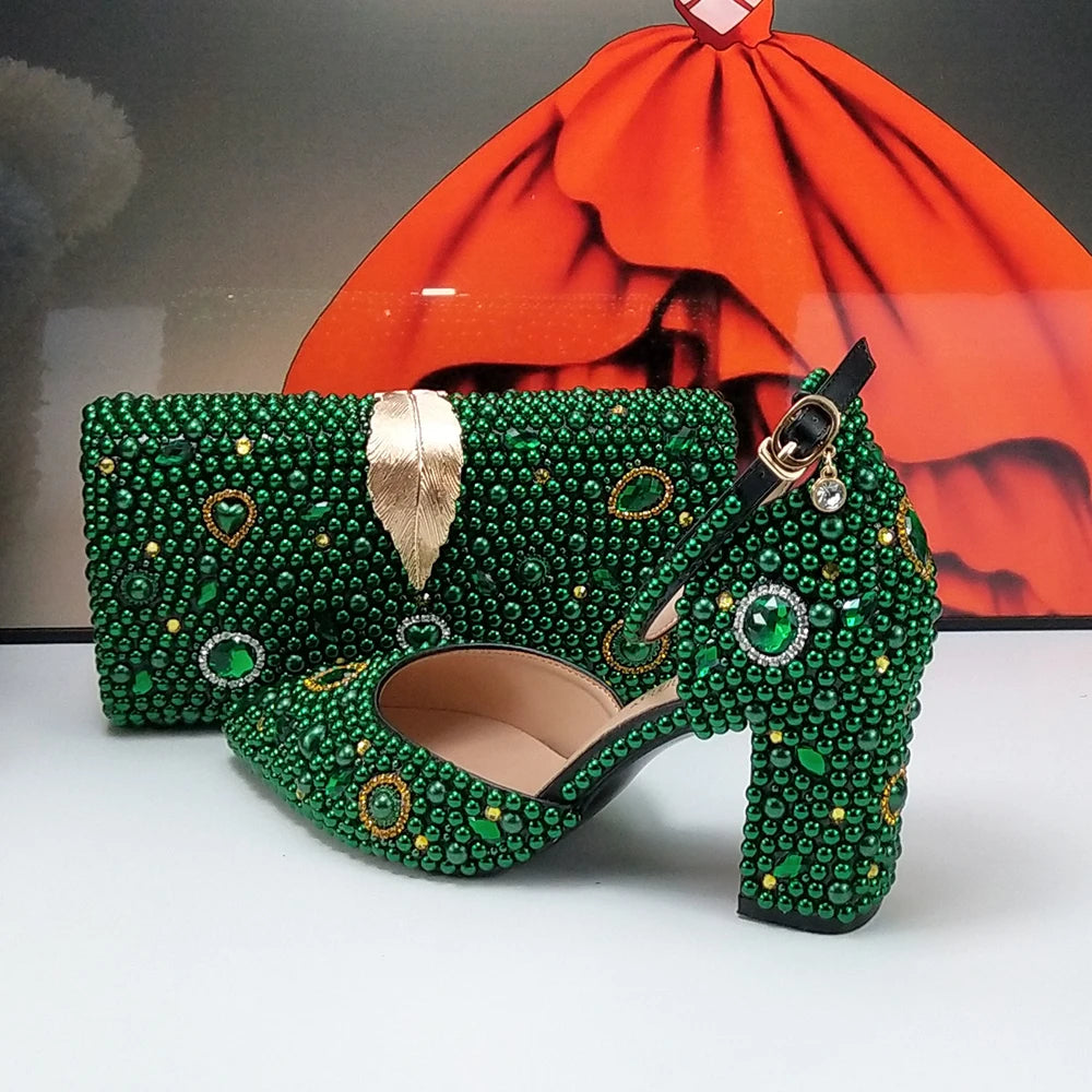 Fashion New Arrival Green Pearl Bridal Shoes and Bag Set Woman Party Dress Shoes Big Size Ankle Strap Buckle Shoes High Pumps