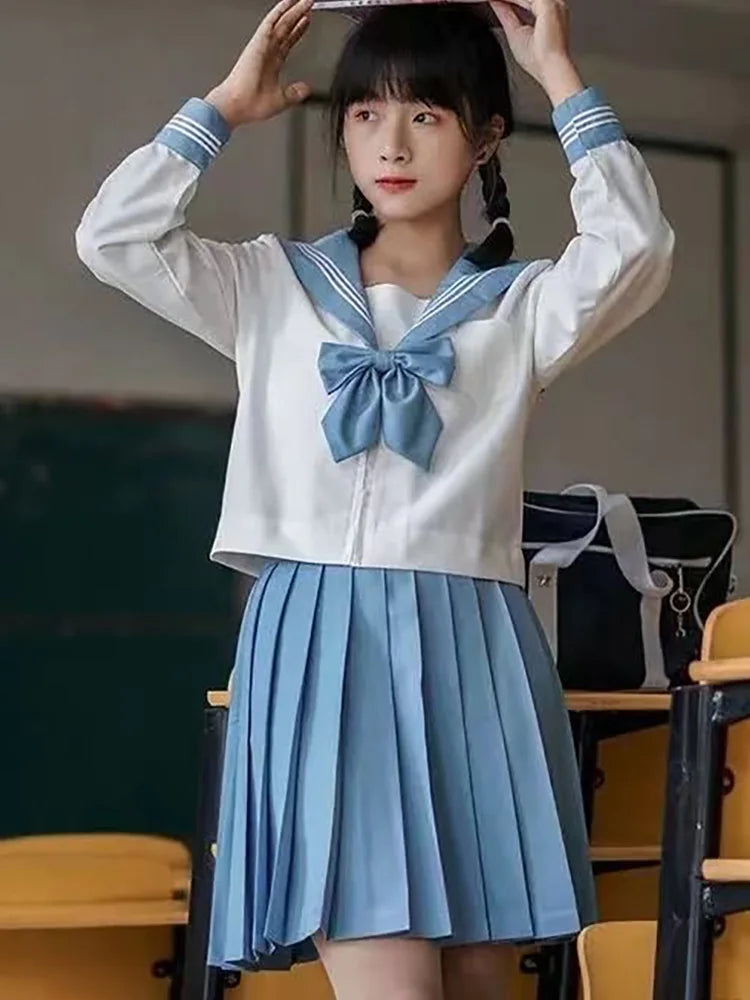 JK Genuine Blue Three-book Sailor Suit Uniform JK Basic College Style Orthodox School Uniform Short Long-sleeved Japanese Suit