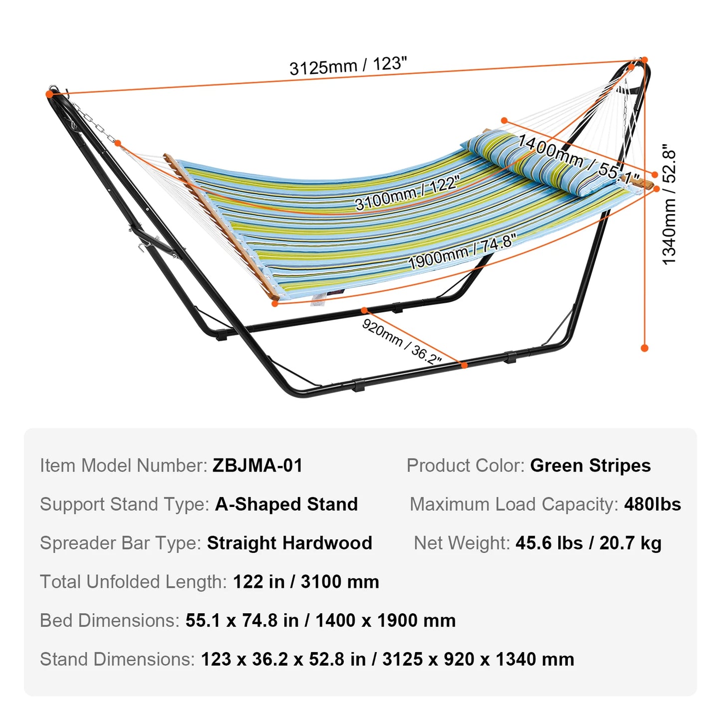 SucceBuy Two Person Hammock with Stand Included Double Hammock with Curved Spreader Bar and Detachable Pillow and Portable Bag
