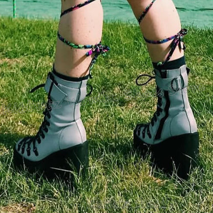 Glossy Ankle Boots Platform Belt Buckle Round Toe Thick Bottom Novelty Fashion Elegant Concise Sexy Women Shoes New Mixed Color
