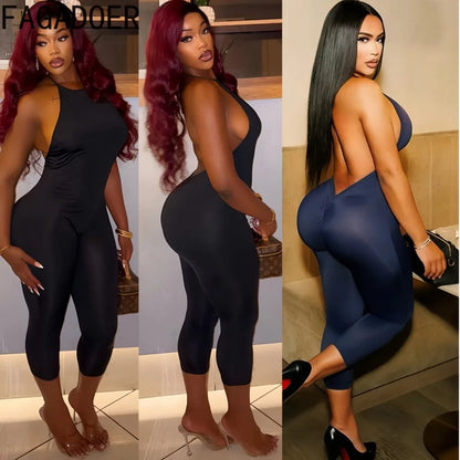 FAGADOER Sexy Solid Color Bodycon Jumpsuits Women Halter Sleeveless Backless Elasticity Romper Female Streetwear Overalls 2026