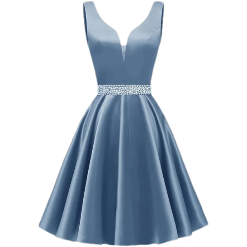 Customized Simple Satin Homecoming Dresses for Teens Short Prom Dress V-Neck Beaded Belts Evening Formal Cocktail Party Gowns