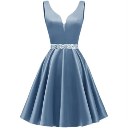Customized Simple Satin Homecoming Dresses for Teens Short Prom Dress V-Neck Beaded Belts Evening Formal Cocktail Party Gowns