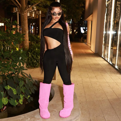 FLARORA Sexy Hollow Backless Jumpsuits Woman Hipster Halter Diagonal Collar Sleeveless Skinny Peach Hip Hottie Street Overalls